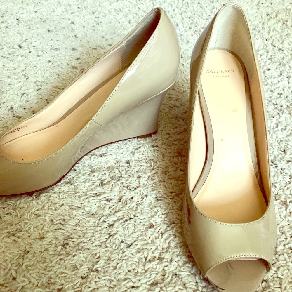 Cole Haan Nude Patent Leather Peep Toe Wedges